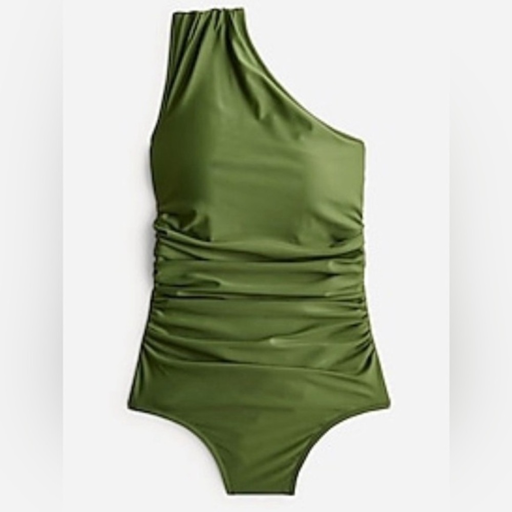 J Crew Long-torso ruched one-shoulder one-piece swimsuit Cool Cypress